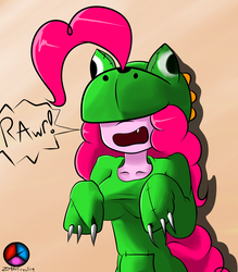 Size: 1280x1463 | Tagged: safe, artist:genericmlp, pinkie pie, dinosaur, anthro, g4, clothes, costume, female, nightmare night costume, rawr, solo