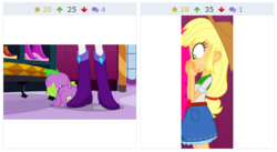 Size: 486x266 | Tagged: safe, screencap, applejack, rarity, spike, dog, derpibooru, equestria girls, g4, my little pony equestria girls, boots, carousel boutique, cropped, high heel boots, jewelry, juxtaposition, meta, spike the dog