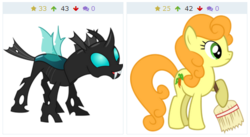 Size: 486x266 | Tagged: safe, artist:cloudyskie, carrot top, golden harvest, thorax, changeling, derpibooru, g4, the last roundup, the times they are a changeling, .ai available, broom, duo, fangs, juxtaposition, meta, simple background, vector