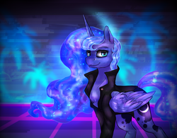 Size: 1302x1018 | Tagged: safe, artist:not-ordinary-pony, princess luna, pony, g4, clothes, female, jacket, looking at you, missing accessory, smiling, solo