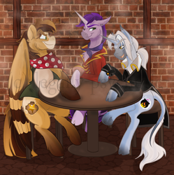 Size: 1491x1500 | Tagged: safe, artist:cranberry--zombie, oc, oc only, oc:indigo, oc:masquerade, oc:rawhide, pegasus, pony, unicorn, a story told, clothes, crossover, male, offspring, parent:oc:varnish, parent:rarity, parent:trixie, parent:unnamed oc, parents:canon x oc, stallion, table, the count of monte cristo, watermark