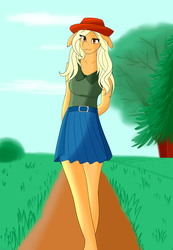 Size: 4500x6500 | Tagged: safe, artist:huckser, oc, oc only, earth pony, anthro, absurd resolution, clothes, female, mare, not applejack, outdoors, skirt, smiling, solo, tree