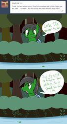 Size: 1280x2350 | Tagged: safe, artist:hummingway, oc, oc only, oc:feather hummingway, oc:swirly shells, ask-humming-way, dialogue, forest, speech bubble, tumblr, tumblr comic