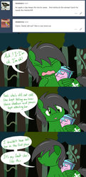 Size: 1280x2642 | Tagged: safe, artist:hummingway, oc, oc only, oc:feather hummingway, oc:swirly shells, ask-humming-way, dialogue, forest, speech bubble, tumblr, tumblr comic