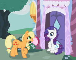 Size: 1250x1000 | Tagged: safe, artist:marikaefer, applejack, rarity, earth pony, pony, unicorn, g4, bouquet, carousel boutique, cute, female, flower, flower in mouth, lesbian, looking at each other, mouth hold, open mouth, raised hoof, ship:rarijack, shipping, sitting, smiling, tree