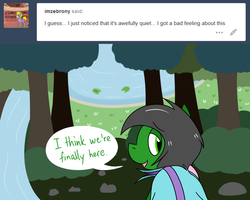 Size: 1280x1025 | Tagged: safe, artist:hummingway, oc, oc only, oc:feather hummingway, oc:swirly shells, ask-humming-way, dialogue, forest, speech bubble, tumblr, tumblr comic