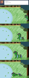 Size: 1280x3433 | Tagged: safe, artist:hummingway, oc, oc only, oc:feather hummingway, oc:swirly shells, ask-humming-way, forest, lake, tumblr, tumblr comic