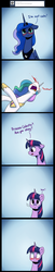 Size: 1280x6315 | Tagged: safe, artist:anticular, princess celestia, princess luna, twilight sparkle, alicorn, pony, g4, :t, ask, blood, blushing, comic, cute, dialogue, faint, female, floppy ears, gradient background, high res, i'm not cute, looking at you, lunabetes, mare, nosebleed, open mouth, peytral, scrunchy face, tumblr, twilight sparkle (alicorn)