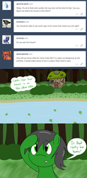 Size: 1280x2611 | Tagged: safe, artist:hummingway, oc, oc only, oc:feather hummingway, ask-humming-way, dialogue, forest, lake, speech bubble, tumblr, tumblr comic