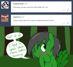 Size: 1280x1179 | Tagged: safe, artist:hummingway, oc, oc only, oc:feather hummingway, pony, ask-humming-way, dialogue, solo, speech bubble, tumblr, tumblr comic