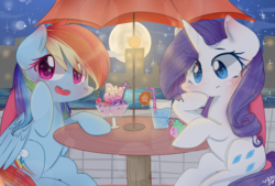 Size: 1876x1271 | Tagged: safe, artist:windymils, rainbow dash, rarity, g4, blushing, building, city, cute, dashabetes, female, full moon, lesbian, looking at you, moon, night, open mouth, puzzled, ship:raridash, shipping, signature, smiling, stars, table
