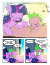 Size: 1275x1650 | Tagged: safe, artist:dsana, spike, twilight sparkle, dragon, pony, comic:to look after, g4, bed, comic, hospital, hospital bed, offscreen character, sleeping, thumb sucking