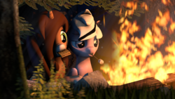 Size: 1920x1080 | Tagged: safe, artist:obsidianocelot, oc, oc only, oc:lavender, oc:savannah reed, pony, 3d, bonfire, female, fire, food, mare, marshmallow, mouth hold, s'mores