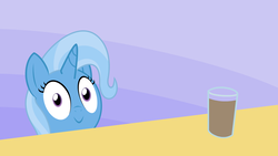 Size: 1920x1080 | Tagged: safe, trixie, pony, unicorn, g4, :>, chocolate, chocolate milk, everything is ruined, exploitable meme, female, looking at you, meme, milk, pure unfiltered evil, smiling, solo, spilled milk, table, wide eyes