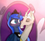 Size: 2116x1943 | Tagged: safe, artist:elementalokami, discord, princess luna, alicorn, pony, g4, blushing, cheek kiss, crown, cute, discute, duo, eyes closed, female, jewelry, kissing, lunabetes, male, mare, regalia, ship:lunacord, shipping, smiling, straight, throne