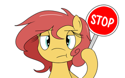 Size: 1280x800 | Tagged: safe, artist:hummingway, oc, oc only, oc:pan pare, earth pony, pony, :t, female, frown, it's time to stop, lidded eyes, mare, simple background, solo, stop, stop sign, unamused, white background