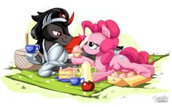 Size: 2560x1600 | Tagged: safe, artist:mysticalpha, king sombra, pinkie pie, earth pony, pony, unicorn, g4, apple, armor, basket, cake, cape, clothes, colored horn, crack shipping, cupcake, curved horn, cute, diapinkes, drink, female, food, horn, lidded eyes, looking at each other, male, mare, picnic, picnic basket, picnic blanket, plate, prone, shipping, smiling, sombra horn, sombradorable, sombrapie, stallion, steam, straight, tea, teacup, teapot, underhoof
