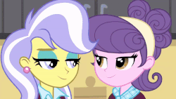 Size: 600x338 | Tagged: safe, edit, edited screencap, screencap, suri polomare, upper crust, acadeca, equestria girls, g4, my little pony equestria girls: friendship games, animated, duo, duo female, ear piercing, earring, eyes on the prize, female, gif, jewelry, loop, piercing, reversed, skunk stripe