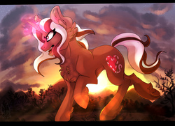 Size: 2000x1450 | Tagged: safe, artist:zaphyray, oc, oc only, pony, unicorn, chest fluff, female, glowing horn, horn, magic, mare, solo, sunset