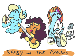 Size: 810x582 | Tagged: safe, artist:jargon scott, saffron masala, sassaflash, sassy saddles, pony, g4, band, colored sketch, cute, drums, guitar, long neck, musical instrument, sassy, simple background, tambourine, white background