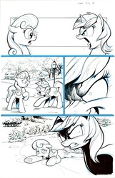 Size: 644x1000 | Tagged: safe, artist:andy price, idw, bon bon, lyra heartstrings, sweetie drops, earth pony, pony, unicorn, g4, my little pony annual 2017, spoiler:comic, comic, duo, floppy ears, gritted teeth, guardians of harmony, looking at each other, nose wrinkle, open mouth, partial color, prone, raised hoof, traditional art, underhoof