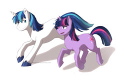 Size: 1932x1270 | Tagged: safe, artist:jay-kuro, shining armor, twilight sparkle, pony, unicorn, g4, cutie mark, female, horn, male, mare, simple background, smiling, stallion, standing, white background