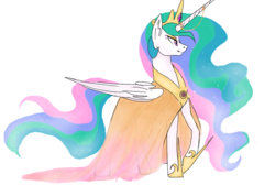 Size: 965x647 | Tagged: safe, artist:colourssx, princess celestia, alicorn, pony, g4, clothes, dress, female, horn, horn jewelry, jewelry, see-through, simple background, solo, white background