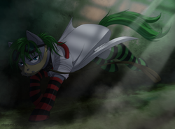 Size: 1748x1296 | Tagged: safe, artist:jay-kuro, oc, oc only, pony, blue eyes, clothes, colt, commission, goggles, green hair, male, mask, slave, socks, solo, striped socks, thorn