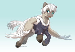 Size: 1492x1039 | Tagged: safe, artist:jay-kuro, oc, oc only, oc:eril, pegasus, pony, blue eyes, clothes, colored wings, colt, commission, flying, fur, hooves, male, multicolored wings, sky, solo, wings