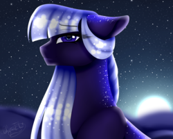 Size: 2000x1600 | Tagged: safe, artist:minelvi, oc, oc only, oc:deep sky, earth pony, pony, bust, earth pony oc, ethereal mane, eyelashes, female, full moon, mare, moon, night, outdoors, signature, solo, starry mane