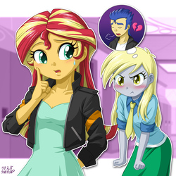 Size: 1000x1002 | Tagged: safe, artist:uotapo, derpy hooves, flash sentry, sunset shimmer, human, equestria girls, g4, angry, blushing, canterlot high, clothes, colored pupils, confused, derpy hooves is not amused, derpy the shipper, discussion in the comments, duo, eyes closed, female, grumpy, hallway, heart, heartbreak, implied derpsentry, implied flashimmer, implied shipping, implied straight, jacket, lockers, looking back, male, necktie, open mouth, pouting, puffy cheeks, school, shipper on deck, signature, skirt, sweat, sweatdrop, thought bubble, unamused