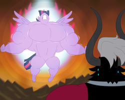 Size: 2250x1800 | Tagged: safe, artist:urkel, lord tirek, twilight sparkle, alicorn, centaur, pony, g4, twilight's kingdom, alternate scenario, female, fetish, magic, male, mare, muscle fetish, muscles, oh crap, overdeveloped muscles, super saiyan princess, sweat, sweatdrop, this will end in death, this will end in tears, this will end in tears and/or death, tirek is doomed, twilight muscle, twilight sparkle (alicorn), twilight vs tirek