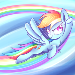 Size: 2000x2000 | Tagged: safe, artist:soloya64, rainbow dash, pegasus, pony, g4, cute, dashabetes, female, flying, high res, looking at you, mare, rainbow trail, signature, smug, solo, spread wings