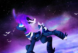 Size: 2780x1890 | Tagged: safe, artist:magnaluna, princess luna, pony, g4, alternate hairstyle, alternate universe, body markings, curved horn, female, galaxy mane, horn, solo
