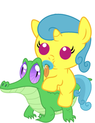 Size: 786x1017 | Tagged: safe, artist:red4567, gummy, lemon hearts, pony, g4, baby, baby pony, cute, female, filly, lemonbetes, pacifier, ponies riding gators, riding, weapons-grade cute