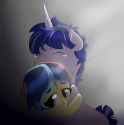 Size: 2893x2902 | Tagged: safe, artist:marukouhai, oc, oc only, oc:ceres, oc:honeydew feather, pegasus, pony, unicorn, brother and sister, colt, crying, female, filly, high res, hug, male, offspring, parent:flash sentry, parent:twilight sparkle, parents:flashlight, siblings, teary eyes