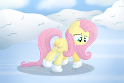 Size: 3000x2000 | Tagged: safe, artist:vcm1824, fluttershy, pegasus, pony, g4, cute, female, folded wings, high res, ice, ice skates, looking down, nervous, shaking, shyabetes, skates, skating, snow, solo