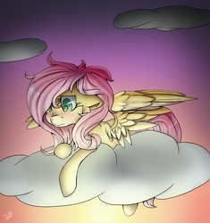 Size: 2291x2442 | Tagged: safe, artist:starsketchmeh, fluttershy, pegasus, pony, g4, blushing, cloud, ear fluff, female, floppy ears, high res, looking down, lying down, mare, messy mane, on a cloud, prone, sad, solo, spread wings, wings