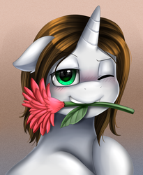 Size: 1446x1764 | Tagged: safe, artist:pridark, oc, oc only, oc:light landstrider, pony, unicorn, blushing, bust, flower, flower in mouth, male, mouth hold, one eye closed, portrait, smiling, solo, stallion, wink
