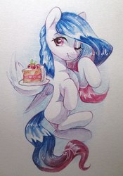 Size: 756x1080 | Tagged: safe, artist:aphphphphp, oc, oc only, pegasus, pony, cake, food, one eye closed, solo, traditional art, watercolor painting, wink