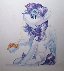 Size: 968x1080 | Tagged: safe, artist:aphphphphp, oc, oc only, pegasus, pony, eating, food, pizza, sitting, solo, traditional art, watercolor painting