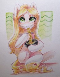 Size: 837x1080 | Tagged: safe, artist:aphphphphp, oc, oc only, earth pony, pony, chopsticks, eating, food, noodles, ramen, ramen face, sitting, solo, traditional art, watercolor painting