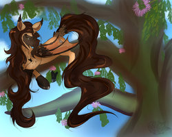 Size: 1024x819 | Tagged: safe, artist:silverkitsune84, oc, oc only, oc:rasta jam, bat pony, hybrid, pony, art trade, fangs, female, mare, one eye closed, prone, solo, tree, tree branch, waking up