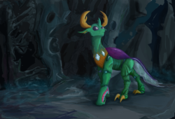 Size: 1702x1156 | Tagged: safe, artist:testostepone, thorax, changedling, changeling, g4, to where and back again, alternate design, cave, changeling hive, changeling king, king thorax, looking at something, male, painting, realistic anatomy, solo
