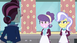 Size: 600x338 | Tagged: safe, edit, edited screencap, screencap, principal abacus cinch, suri polomare, upper crust, acadeca, equestria girls, g4, my little pony equestria girls: friendship games, animated, cake, ear piercing, earring, embarrassed, female, food, gif, jewelry, oops, piercing, reversed, scowl, skunk stripe