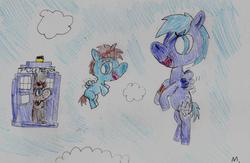 Size: 2167x1411 | Tagged: safe, artist:ptitemouette, doctor whooves, star hunter, time turner, oc, oc:time vortex, pony, g4, baby, baby pony, cloud, doctor who, gay, male, shipping, tardis, traditional art