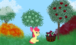 Size: 2500x1500 | Tagged: safe, artist:silversthreads, apple bloom, earth pony, pony, g4, apple, female, filly, food, solo