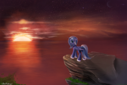 Size: 2682x1792 | Tagged: safe, artist:1deathpony1, princess luna, alicorn, pony, g4, cliff, cloud, crepuscular rays, female, floppy ears, moon, ocean, reflection, s1 luna, scenery, solo, stars, sunset, twilight (astronomy), water
