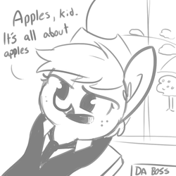 Size: 1080x1080 | Tagged: safe, artist:tjpones, applejack, earth pony, pony, apple tree, appleboss, boss, chair, chubby, cigar, clothes, cowboy hat, dialogue, ear fluff, female, freckles, grayscale, hat, hooves behind head, monochrome, necktie, short hair, simple background, sitting, smoking, solo, suit, tree, white background, window