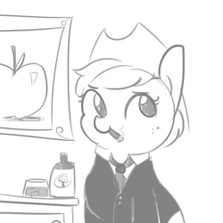 Size: 1080x1080 | Tagged: safe, artist:tjpones, applejack, earth pony, pony, appleboss, boss, bottle, chubby, cider, cigar, clothes, female, freckles, glass, grayscale, hat, ice cube, monochrome, necktie, painting, short hair, simple background, smoking, solo, suit, white background
